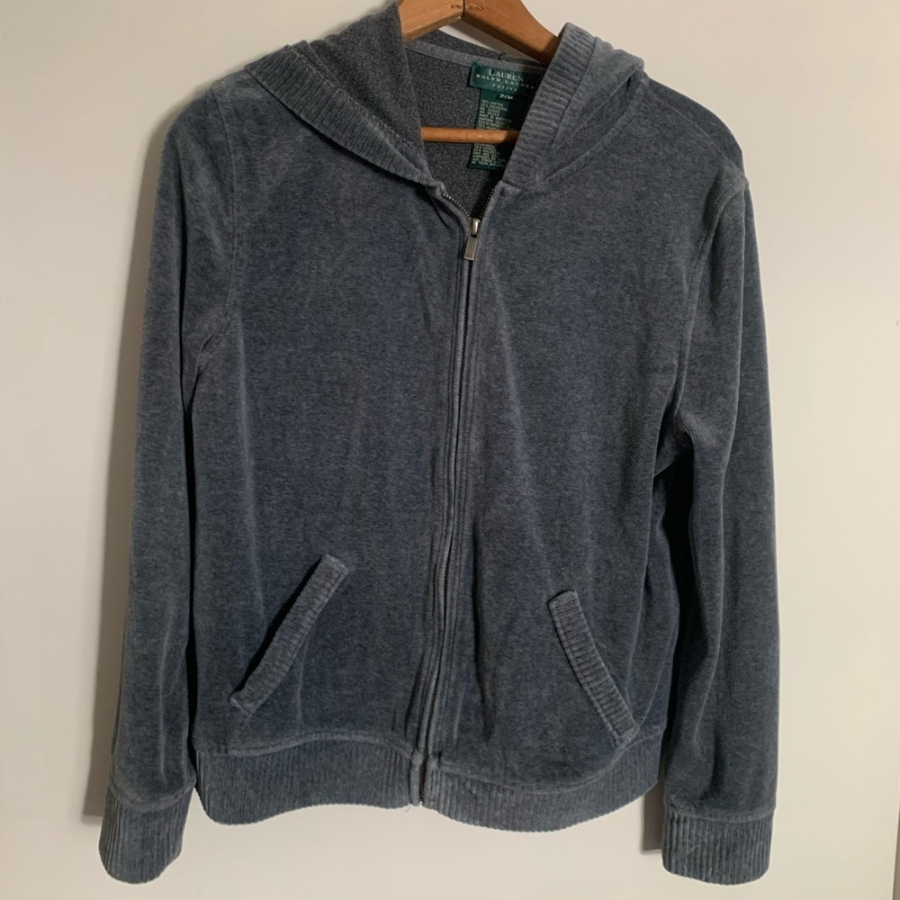 Lauren Ralph Lauren Velour Cotton Dark Gray Zip Up Hoodie Size Petite Small - Picture 2 of 8
